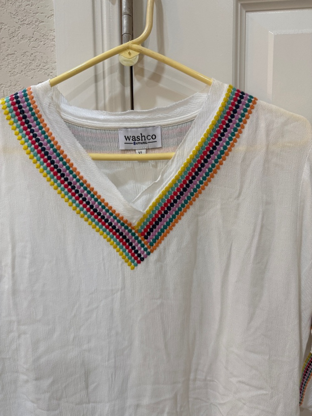 WashCo White V-Neck Tunic with Multicolor Embroidery Trim